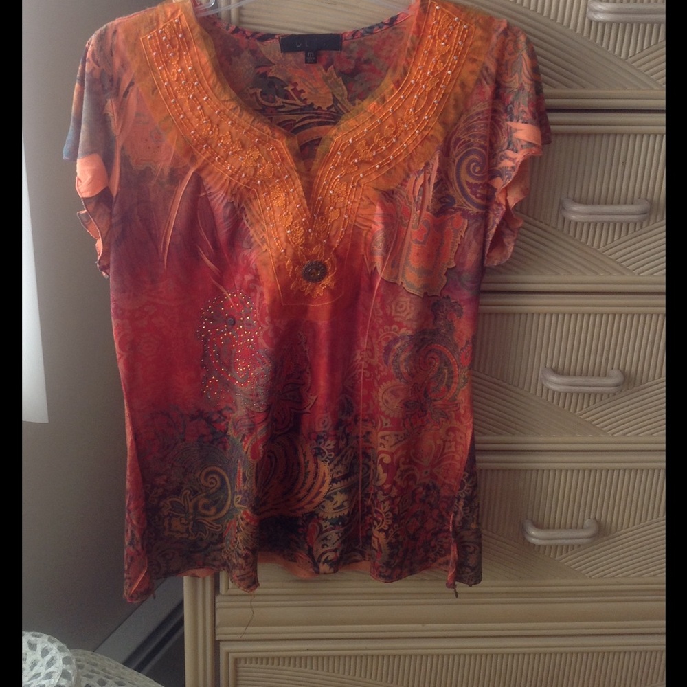 B.L.E.U Flowered Jersey Cap SleeveTop Beaded Front
